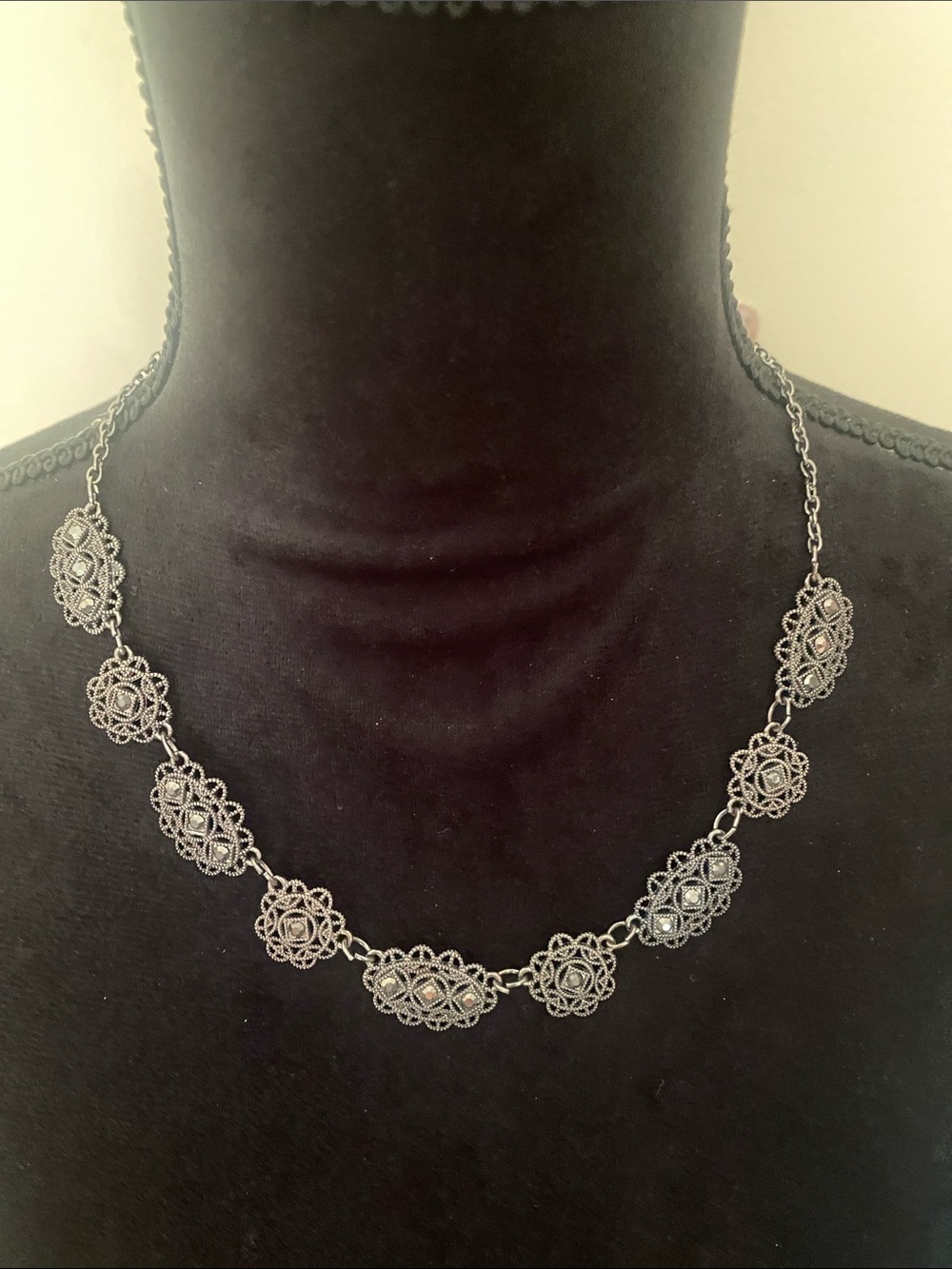 Vintage Ornate Silver Tone Filigree Station Necklace w/Marcasite Accent Look